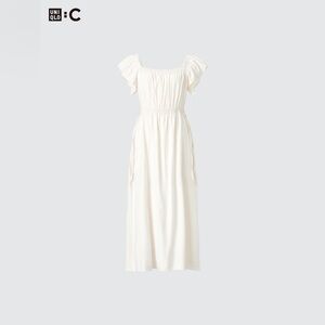 Uniqlo gathered open back white linen dress